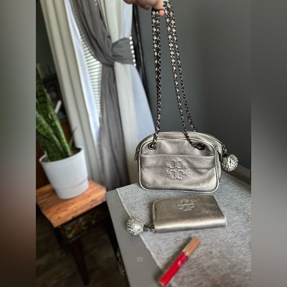 Tory Burch Metallic Silver Leather Shoulder Bag and Wallet Set